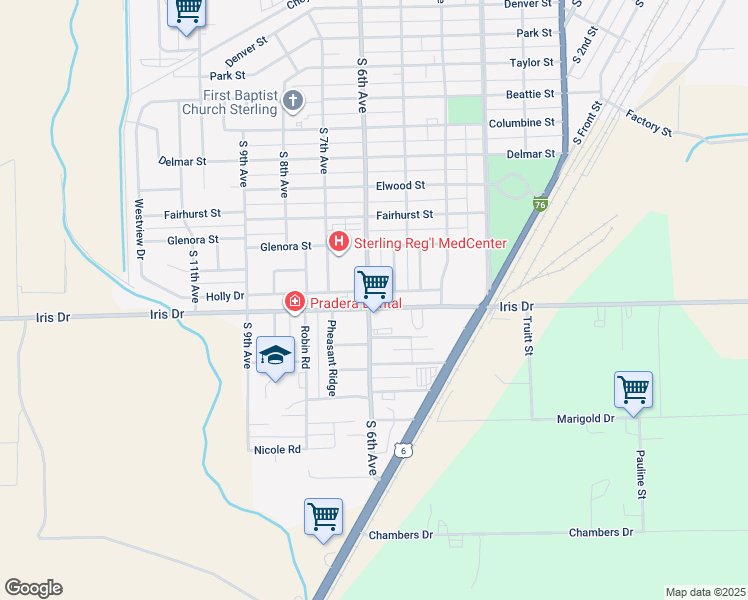 map of restaurants, bars, coffee shops, grocery stores, and more near 1515 South 6th Avenue in Sterling
