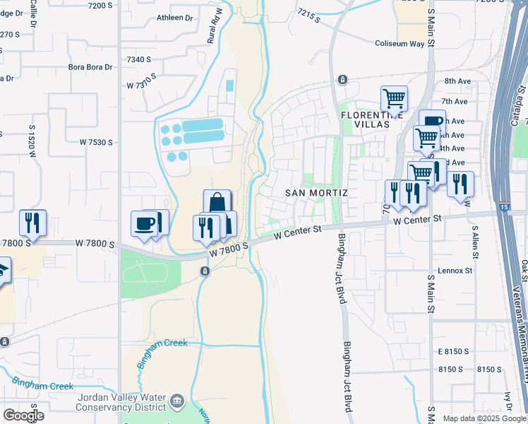 map of restaurants, bars, coffee shops, grocery stores, and more near 7756 Rooftop Drive in Midvale
