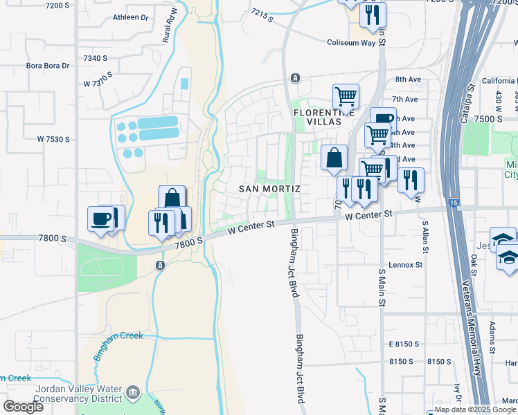 map of restaurants, bars, coffee shops, grocery stores, and more near 229 Ropekey Drive West in Midvale