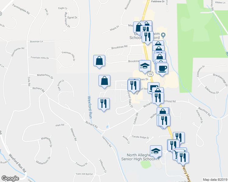 map of restaurants, bars, coffee shops, grocery stores, and more near 10573 Cherry Grove Court in Wexford