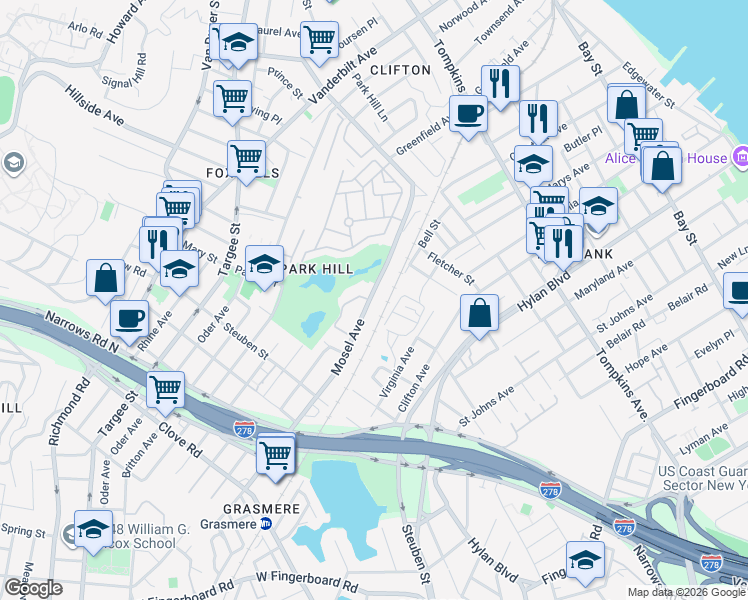 map of restaurants, bars, coffee shops, grocery stores, and more near 159 Mosel Avenue in Staten Island