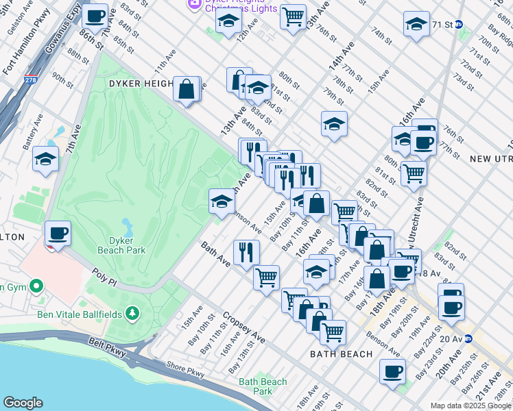 map of restaurants, bars, coffee shops, grocery stores, and more near 52 Bay 8th Street in Brooklyn