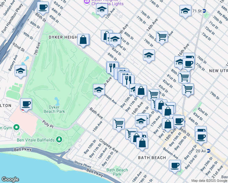 map of restaurants, bars, coffee shops, grocery stores, and more near 52 Bay 8th Street in Brooklyn