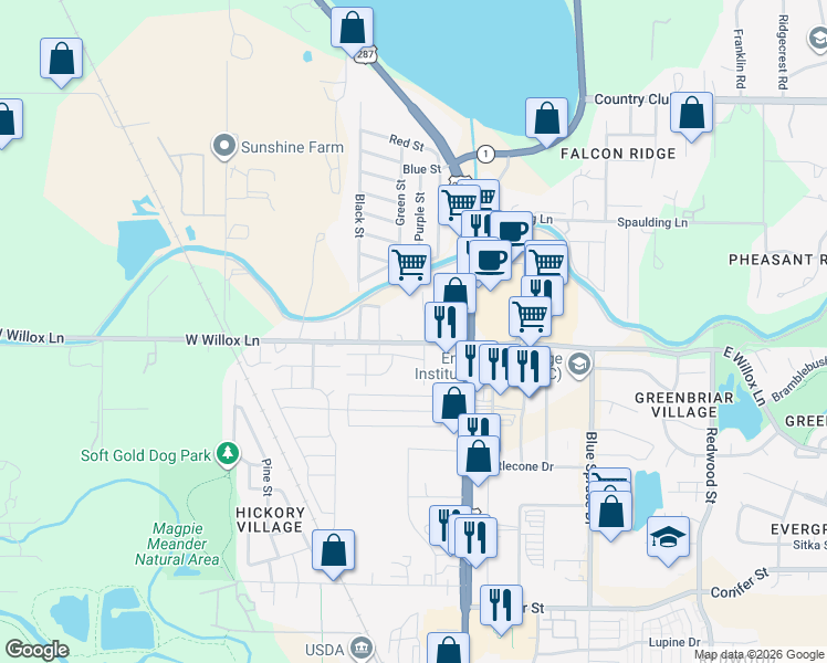 map of restaurants, bars, coffee shops, grocery stores, and more near 1708 Willox Ct in Fort Collins