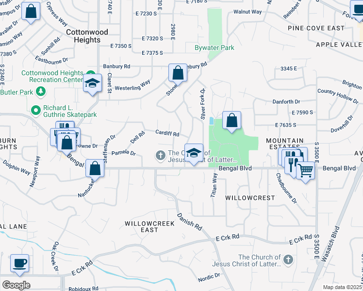 map of restaurants, bars, coffee shops, grocery stores, and more near 7723 Biscayne Drive in Cottonwood Heights
