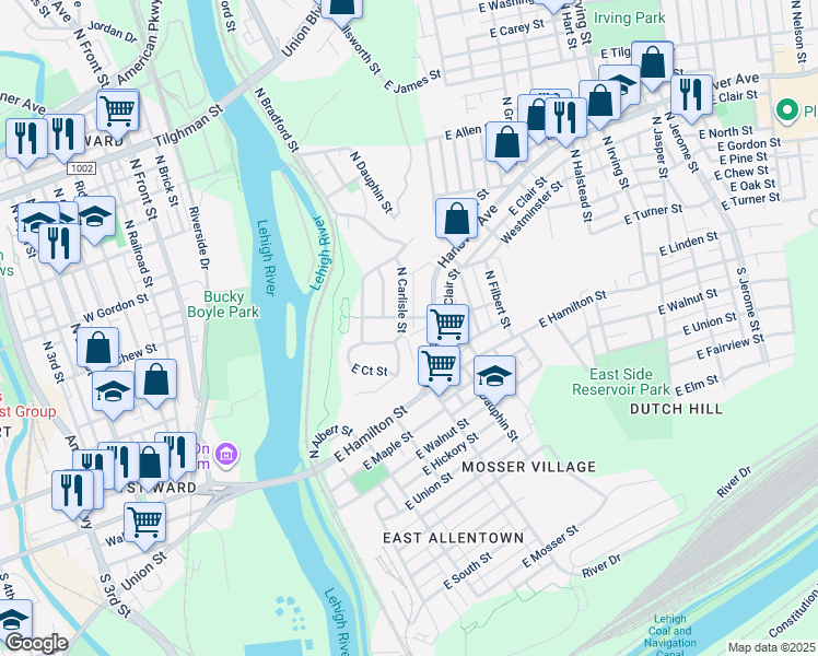 map of restaurants, bars, coffee shops, grocery stores, and more near 99 North Carlisle Street in Allentown
