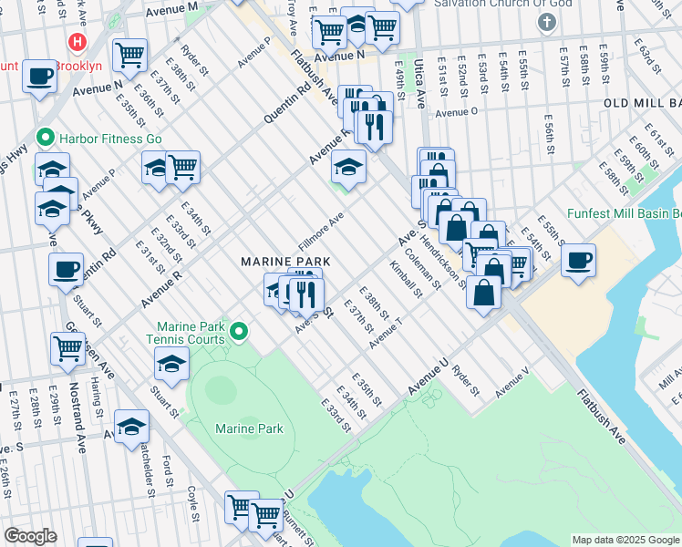 map of restaurants, bars, coffee shops, grocery stores, and more near 1966 East 38th Street in Brooklyn