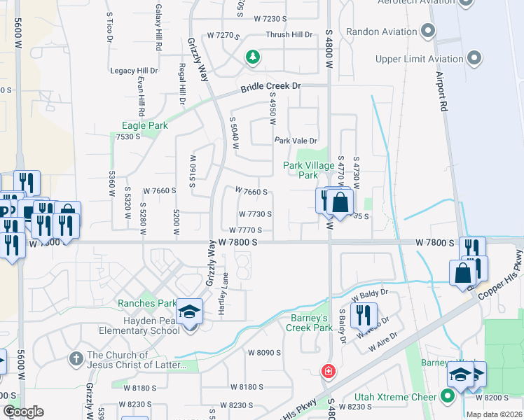 map of restaurants, bars, coffee shops, grocery stores, and more near 4968 West 7730 South in West Jordan