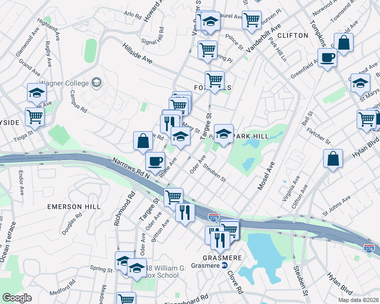 map of restaurants, bars, coffee shops, grocery stores, and more near 660 Targee Street in Staten Island
