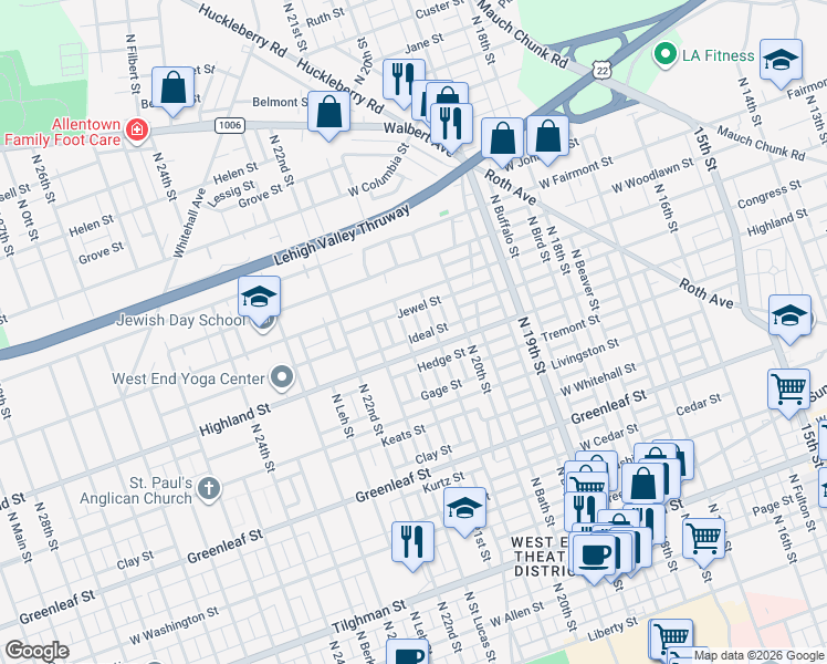 map of restaurants, bars, coffee shops, grocery stores, and more near 1123 North 21st Street in Allentown