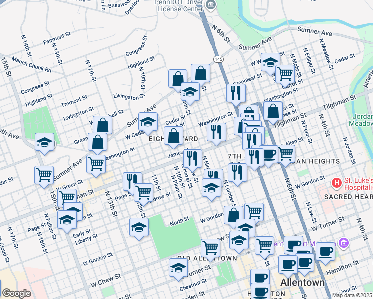 map of restaurants, bars, coffee shops, grocery stores, and more near 713 North New Street in Allentown