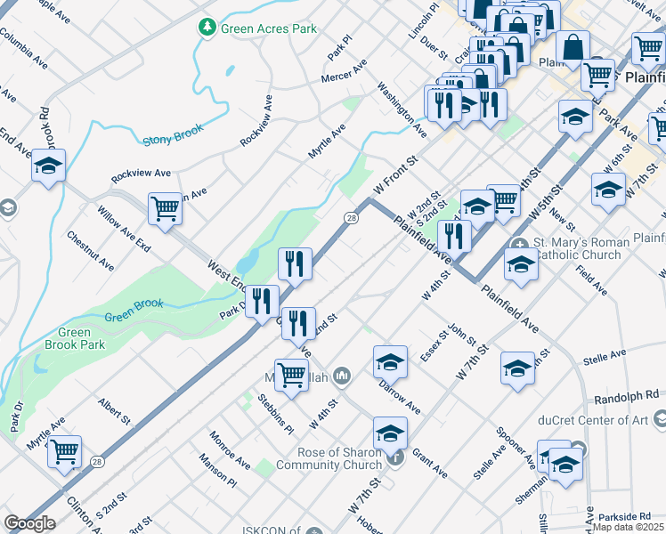 map of restaurants, bars, coffee shops, grocery stores, and more near 118 Lafayette Place in Plainfield