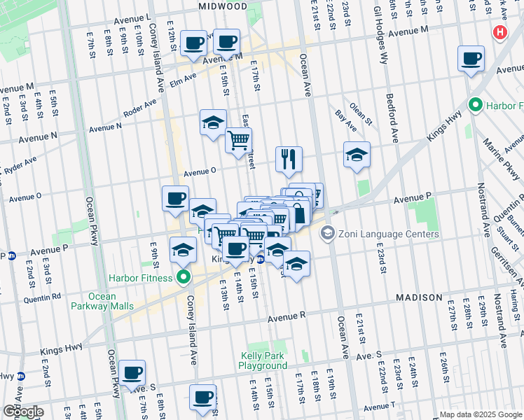 map of restaurants, bars, coffee shops, grocery stores, and more near 1587 East 16th Street in Brooklyn