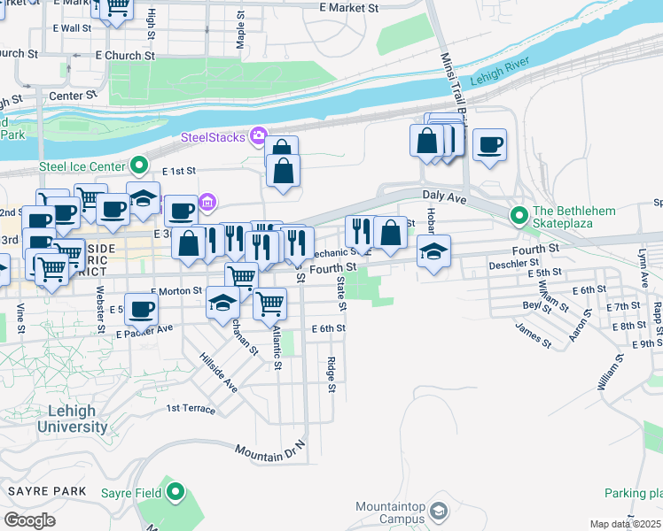 map of restaurants, bars, coffee shops, grocery stores, and more near 929 East 4th Street in Bethlehem