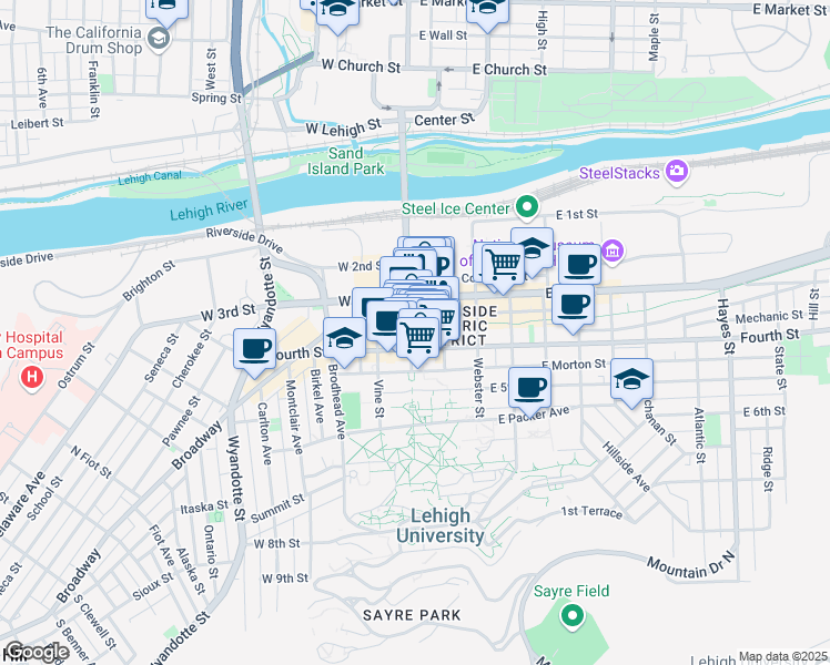 map of restaurants, bars, coffee shops, grocery stores, and more near 325 South New Street in Bethlehem