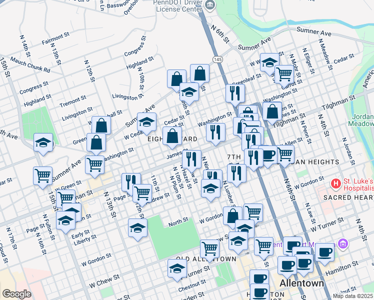 map of restaurants, bars, coffee shops, grocery stores, and more near 713 North New Street in Allentown