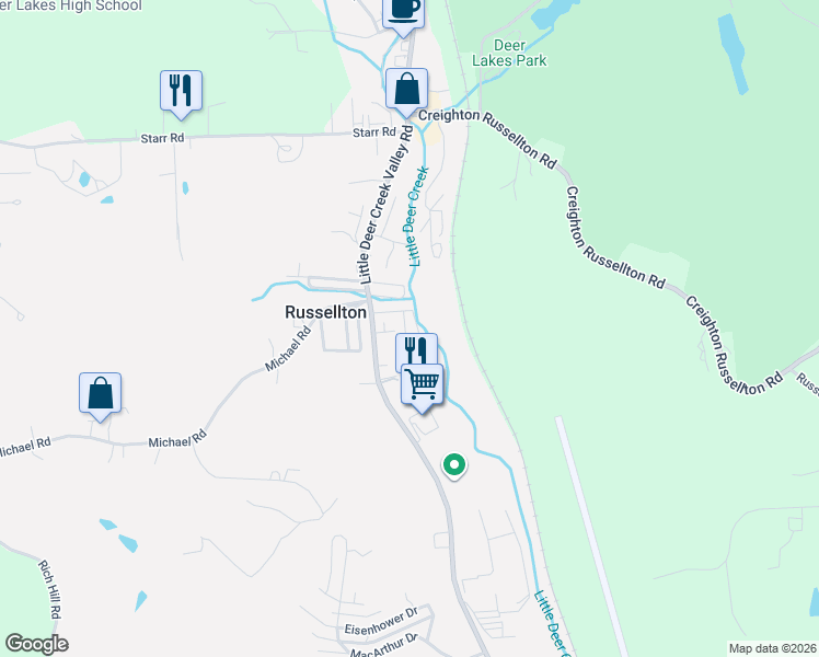 map of restaurants, bars, coffee shops, grocery stores, and more near 11 Creek Lane in Russellton