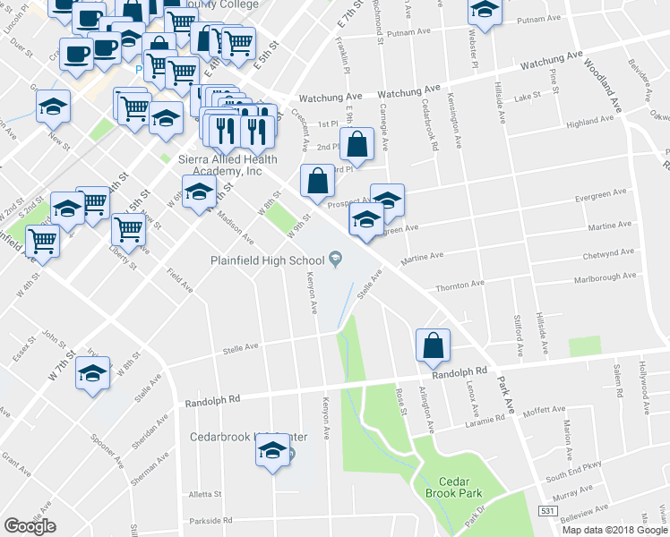 map of restaurants, bars, coffee shops, grocery stores, and more near 916 Park Avenue in Plainfield