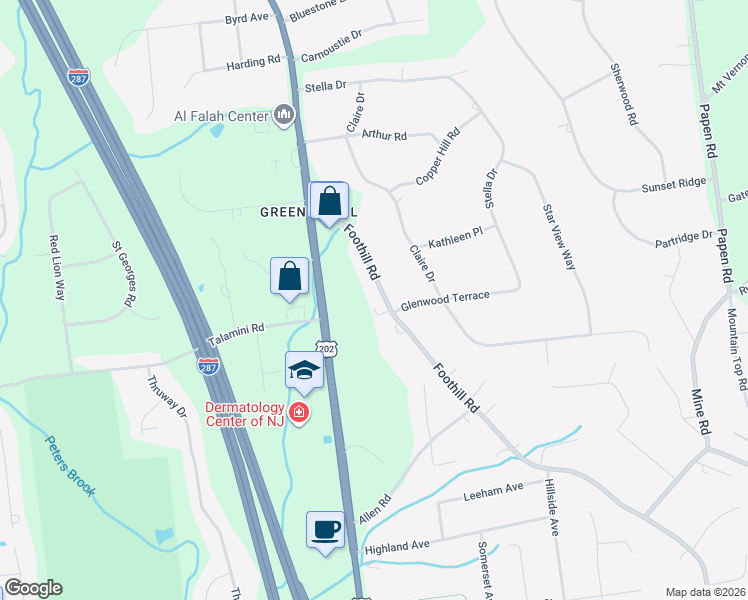map of restaurants, bars, coffee shops, grocery stores, and more near 697 Foothill Road in Bridgewater Township