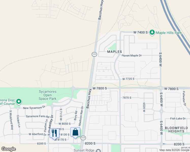map of restaurants, bars, coffee shops, grocery stores, and more near 7716 New Snowbell Lane in West Jordan