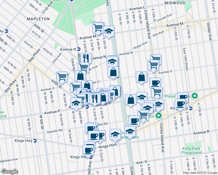 map of restaurants, bars, coffee shops, grocery stores, and more near 1626 East 5th Street in Brooklyn