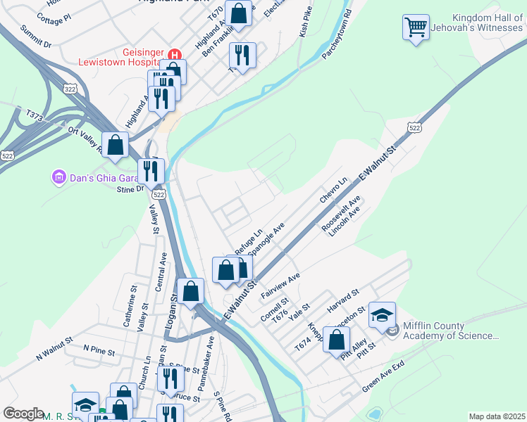 map of restaurants, bars, coffee shops, grocery stores, and more near 28 Rosemont Avenue in Lewistown