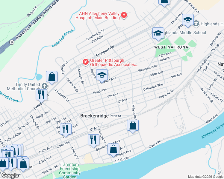 map of restaurants, bars, coffee shops, grocery stores, and more near 1076 Roup Avenue in Brackenridge
