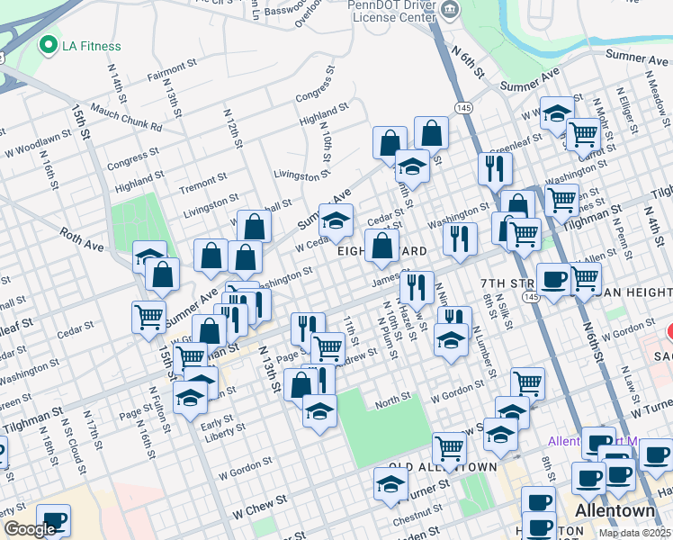 map of restaurants, bars, coffee shops, grocery stores, and more near 749 11th Street in Allentown