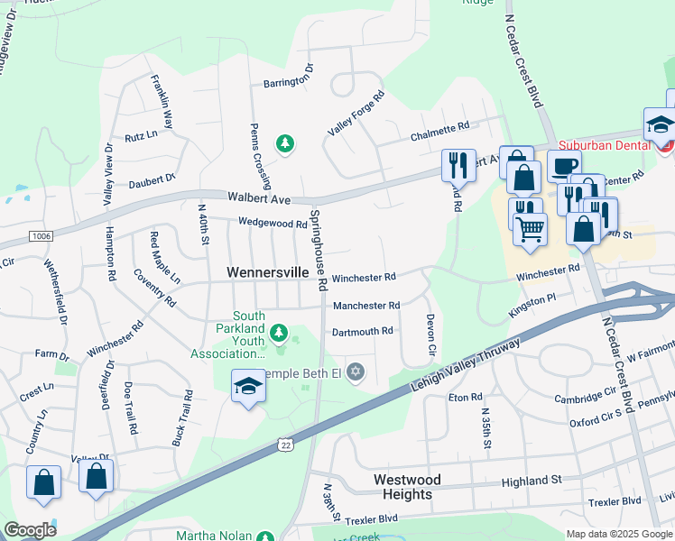 map of restaurants, bars, coffee shops, grocery stores, and more near 3783 Winchester Road in Allentown