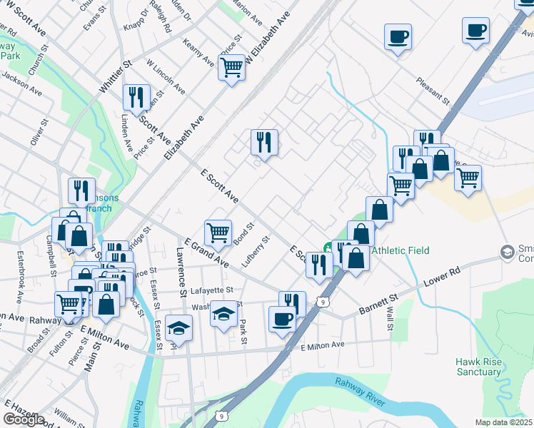 map of restaurants, bars, coffee shops, grocery stores, and more near 2067 Bond St in Rahway
