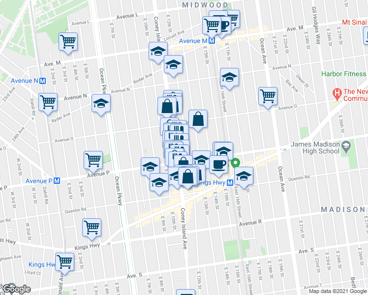 map of restaurants, bars, coffee shops, grocery stores, and more near 1568 East 12th Street in Brooklyn