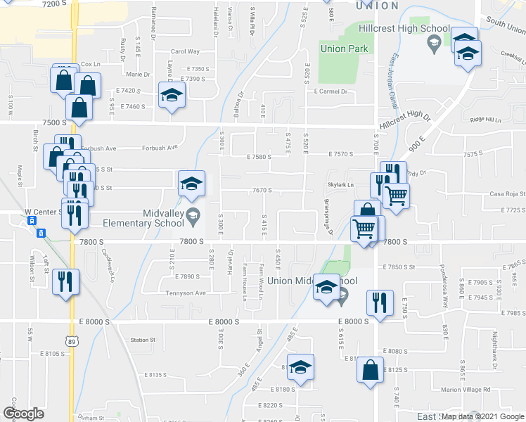 map of restaurants, bars, coffee shops, grocery stores, and more near 7718 South 415 East in Midvale