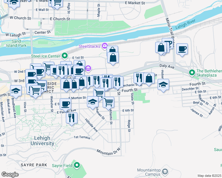 map of restaurants, bars, coffee shops, grocery stores, and more near 807 East 4th Street in Bethlehem