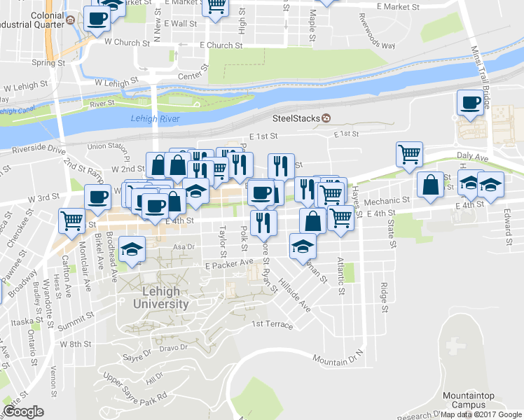 map of restaurants, bars, coffee shops, grocery stores, and more near 330 Fillmore Street in Bethlehem