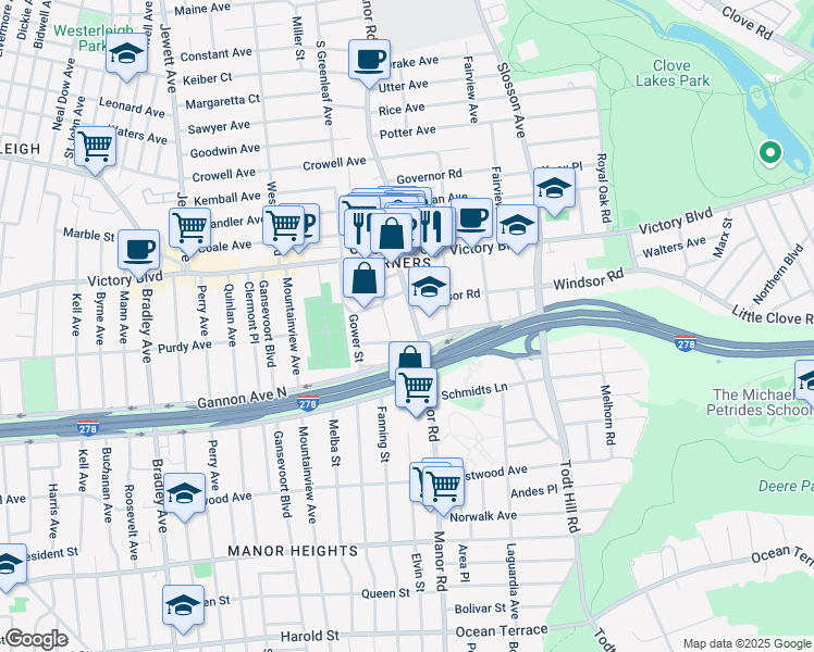map of restaurants, bars, coffee shops, grocery stores, and more near 27 Elvin Street in Staten Island