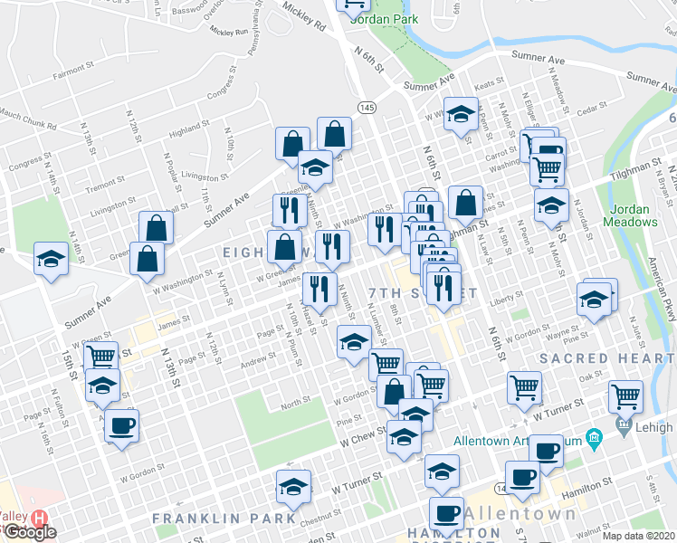 map of restaurants, bars, coffee shops, grocery stores, and more near 845 Tilghman Street in Allentown