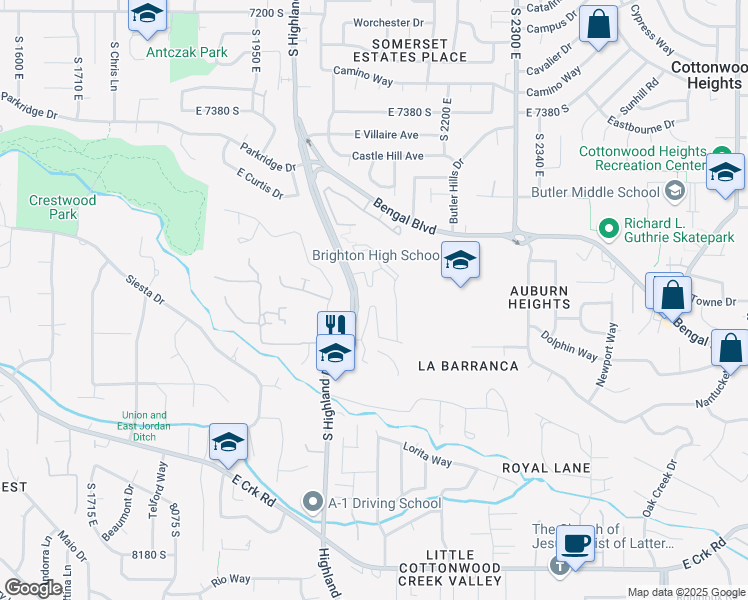 map of restaurants, bars, coffee shops, grocery stores, and more near 2089 Pinnacle Terrace Way in Cottonwood Heights