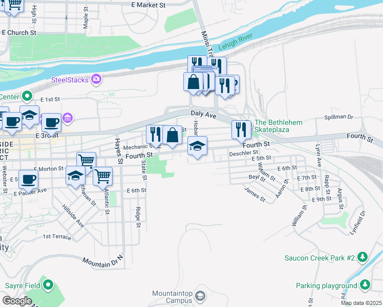 map of restaurants, bars, coffee shops, grocery stores, and more near 1210 East 4th Street in Bethlehem