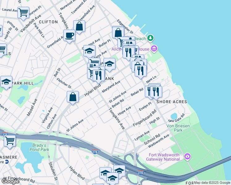 map of restaurants, bars, coffee shops, grocery stores, and more near 74 Dana Street in Staten Island