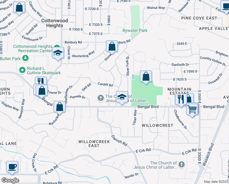 map of restaurants, bars, coffee shops, grocery stores, and more near 7723 Biscayne Drive in Cottonwood Heights