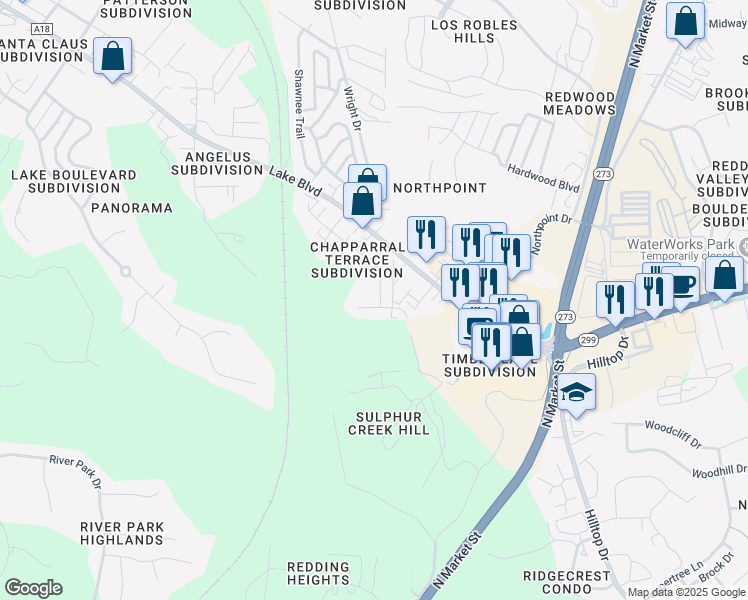 map of restaurants, bars, coffee shops, grocery stores, and more near 4420 Dogwood Lane in Redding