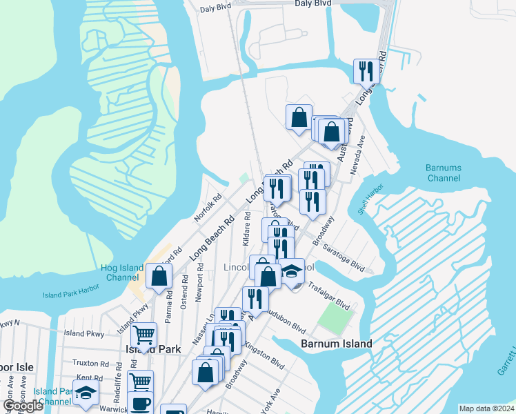 map of restaurants, bars, coffee shops, grocery stores, and more near 6 Parente Lane North in Island Park