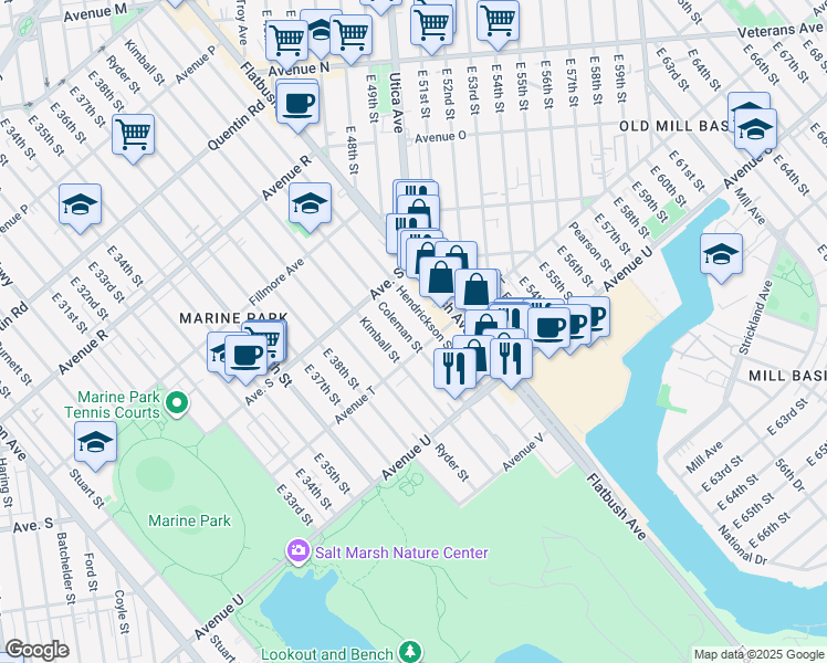map of restaurants, bars, coffee shops, grocery stores, and more near 2069 Coleman Street in Brooklyn