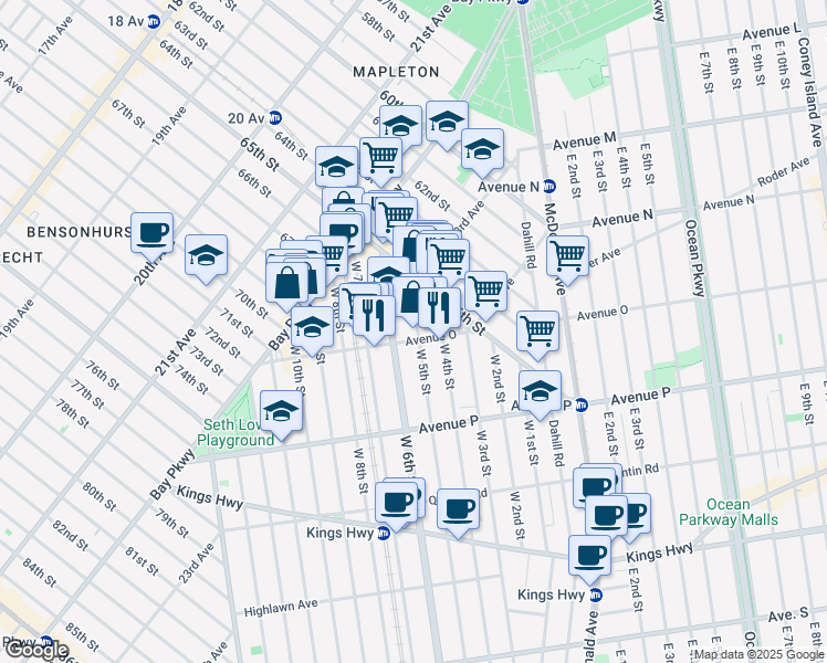 map of restaurants, bars, coffee shops, grocery stores, and more near 1407 West 6th Street in Brooklyn