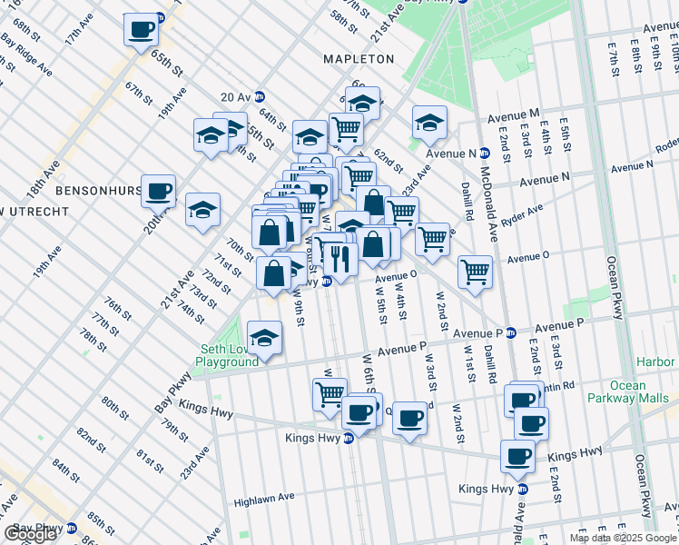 map of restaurants, bars, coffee shops, grocery stores, and more near 1408 West 7th Street in Brooklyn