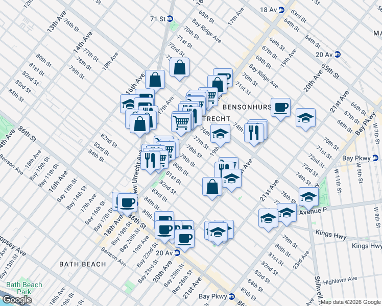 map of restaurants, bars, coffee shops, grocery stores, and more near 1847 78th Street in Brooklyn