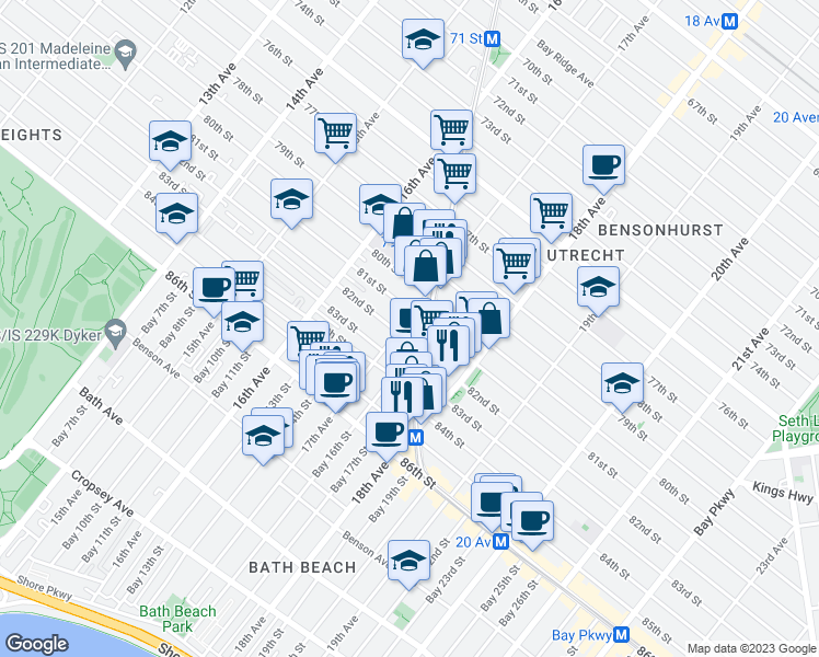 map of restaurants, bars, coffee shops, grocery stores, and more near 8122 17th Avenue in Brooklyn