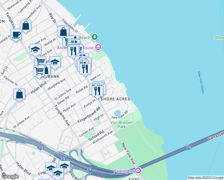 map of restaurants, bars, coffee shops, grocery stores, and more near 6 Cliff Court in Staten Island