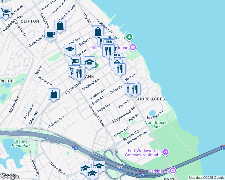 map of restaurants, bars, coffee shops, grocery stores, and more near 37 Belair Road in Staten Island