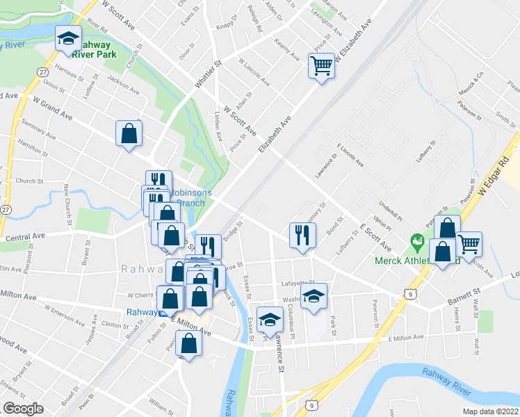 map of restaurants, bars, coffee shops, grocery stores, and more near 36 East Grand Avenue in Rahway